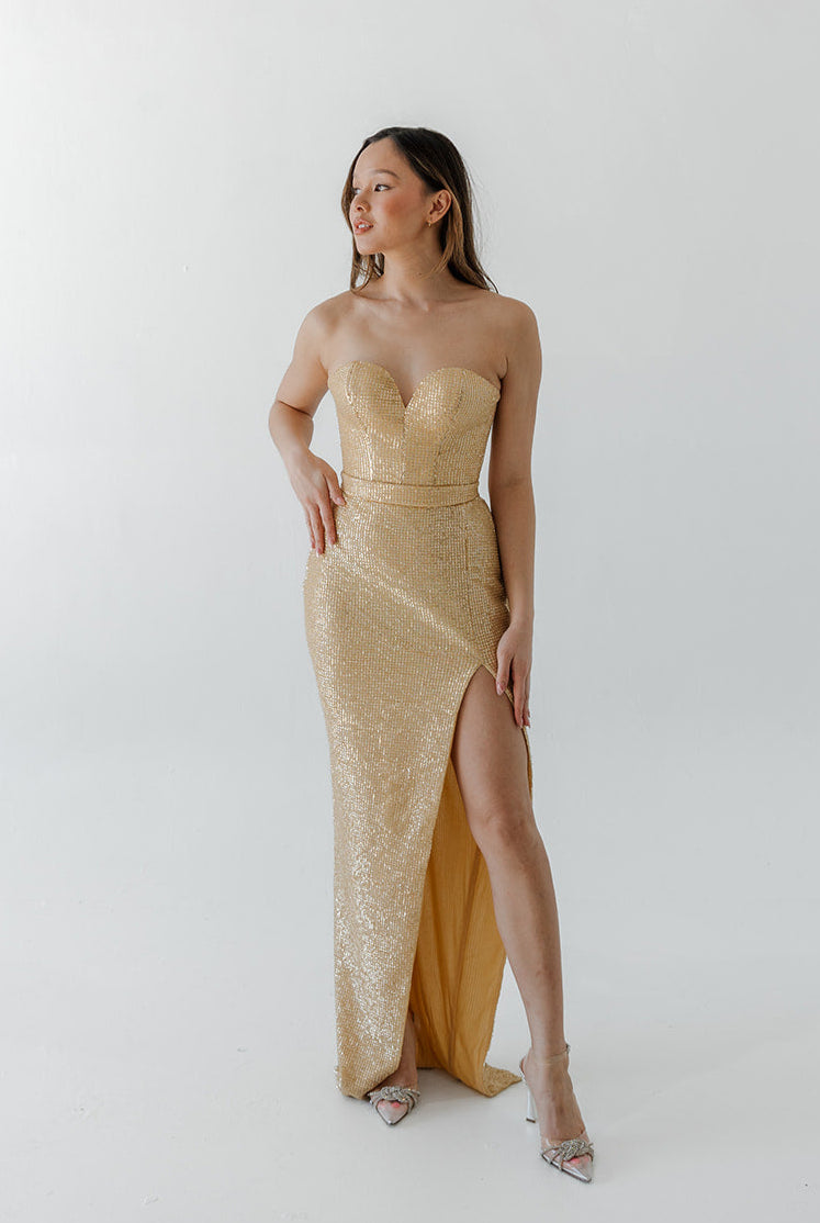 lia stublla gold dress Lia Stublla Sequin Strapless Gown- Gold